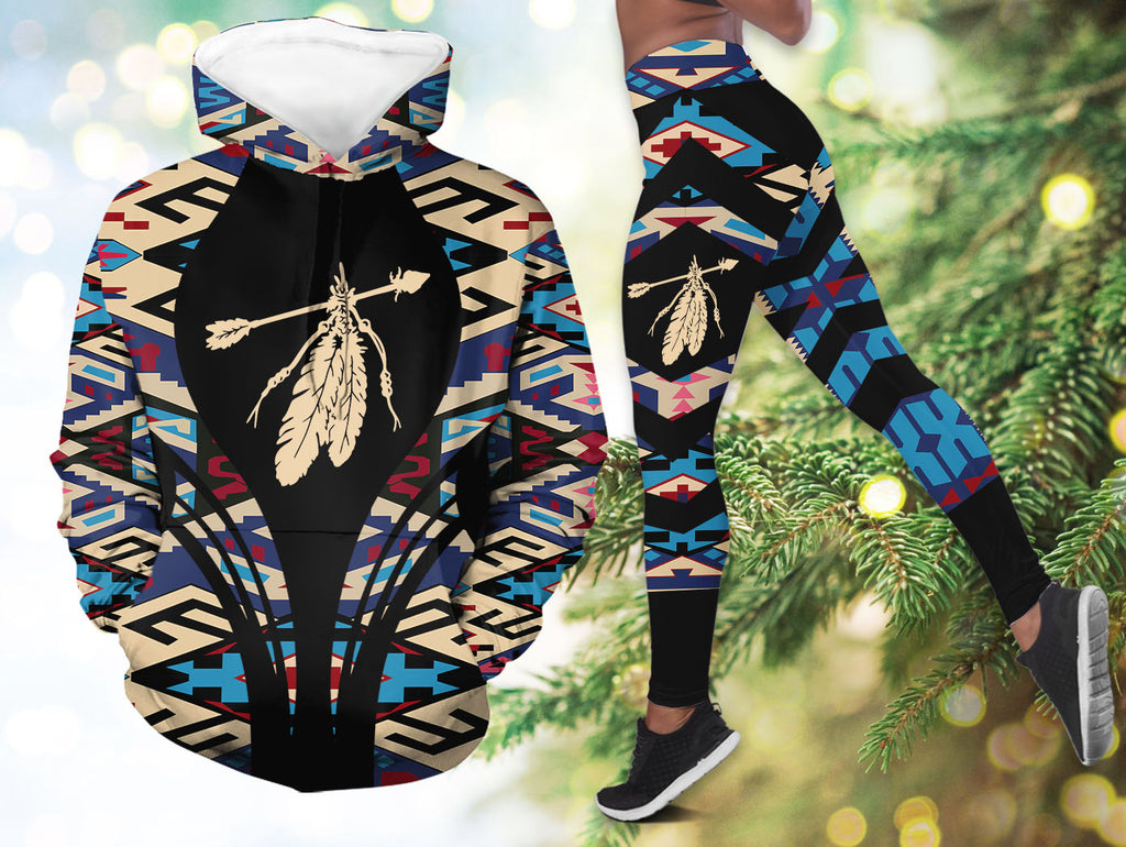 HDL251210M11 Feather Native American Hoodie Leggings Set
