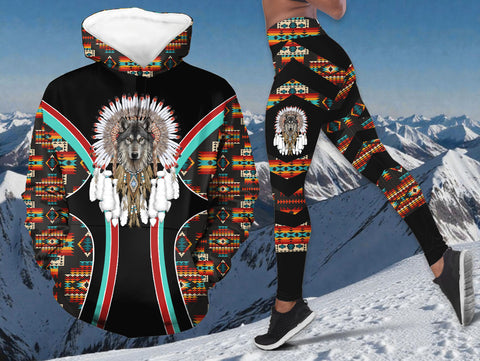 HDL251211M07 Wolf Native American Hoodie Leggings Set