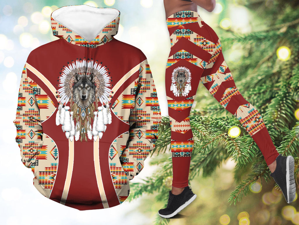 HDL251211M09 Wolf Native American Hoodie Leggings Set