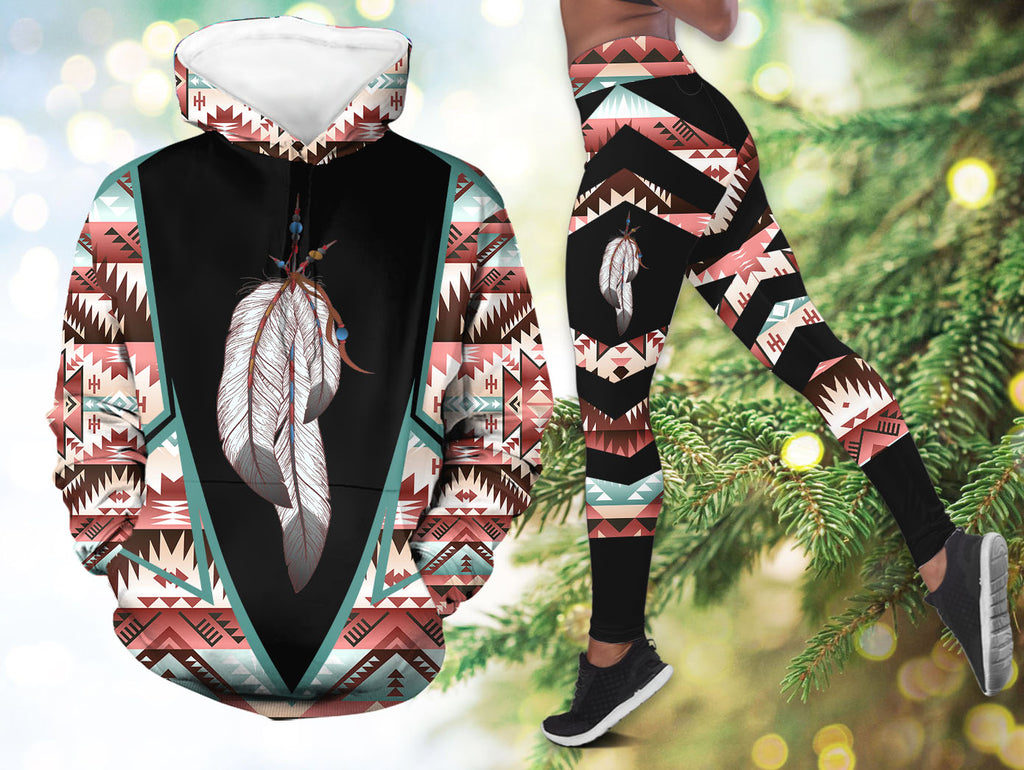HDL251212M04 Feather Native American Hoodie Leggings Set
