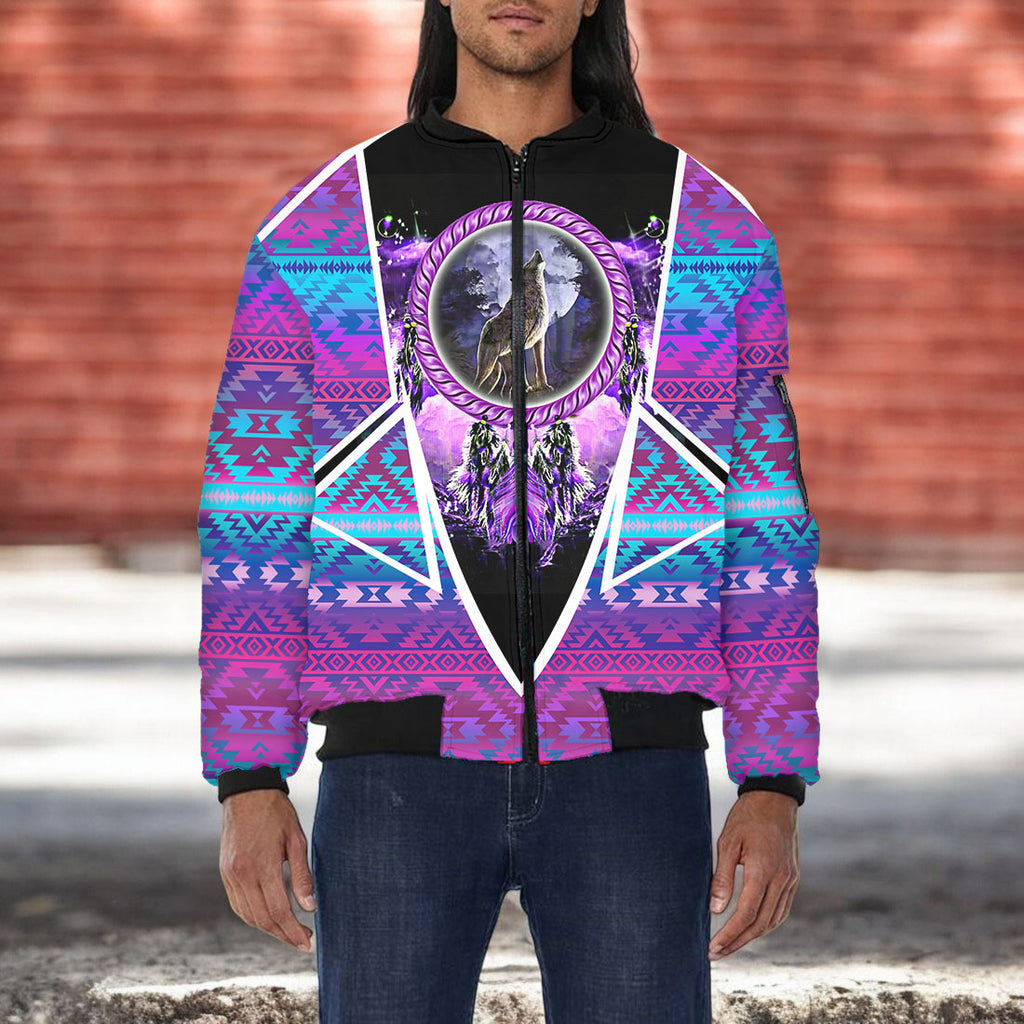 HDL251212M15 Wolf Native American Bomber Jacket With Sleeve Pocket