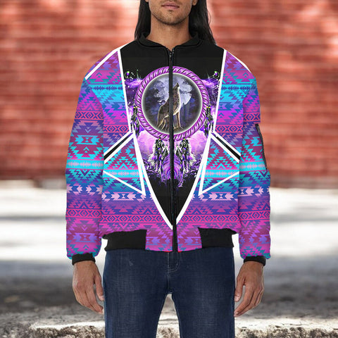 HDL251212M15 Wolf Native American Bomber Jacket With Sleeve Pocket