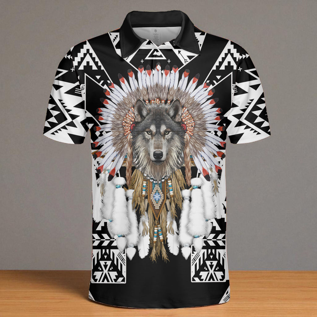 HW250429M01 Wolf Native American Polo T-Shirt 3D