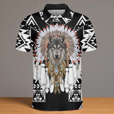 HW250429M01 Wolf Native American Polo T-Shirt 3D