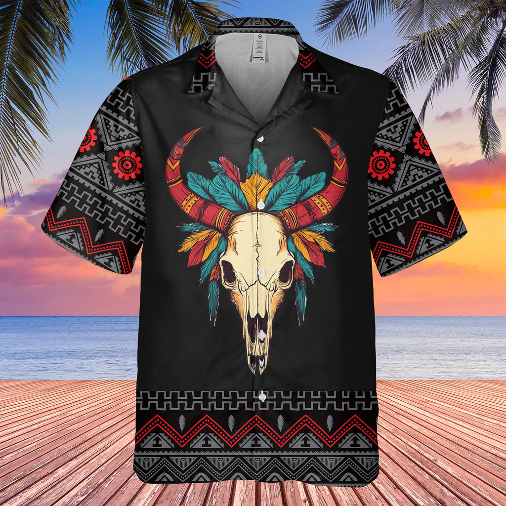 HW250711M02 Bison Skull Native American Hawaiian Shirt 3D