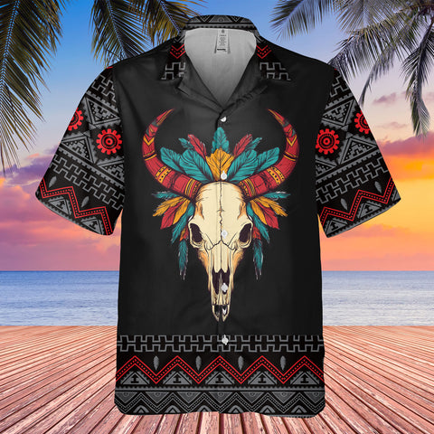 HW250711M02 Bison Skull Native American Hawaiian Shirt 3D