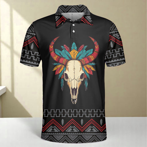 HW250711M02 Bison Skull Native American Polo T-Shirt 3D