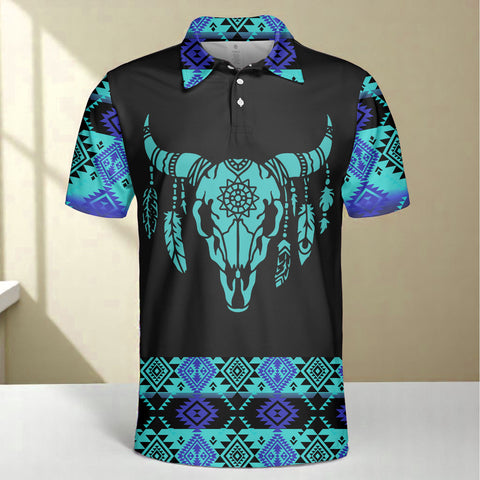 HW250711M04 Bison Skull Native American Polo T-Shirt 3D