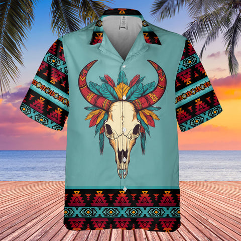 HW250711M06 Bison Skull Native American Hawaiian Shirt 3D