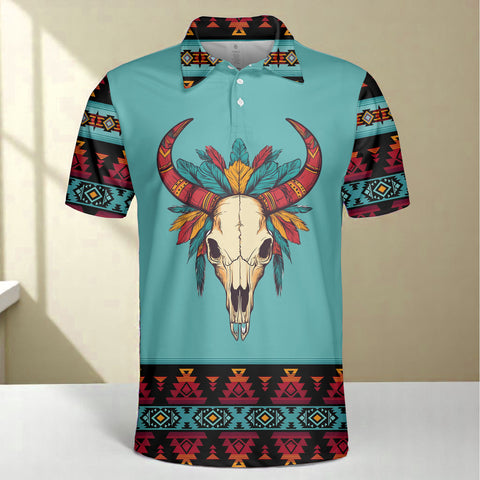 HW250711M06 Bison Skull Native American Polo T-Shirt 3D