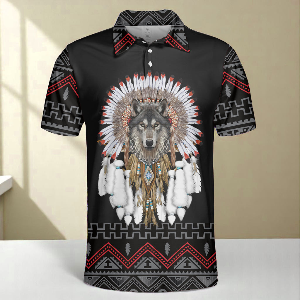 HW250711M15 Wolf Native American Polo T-Shirt 3D