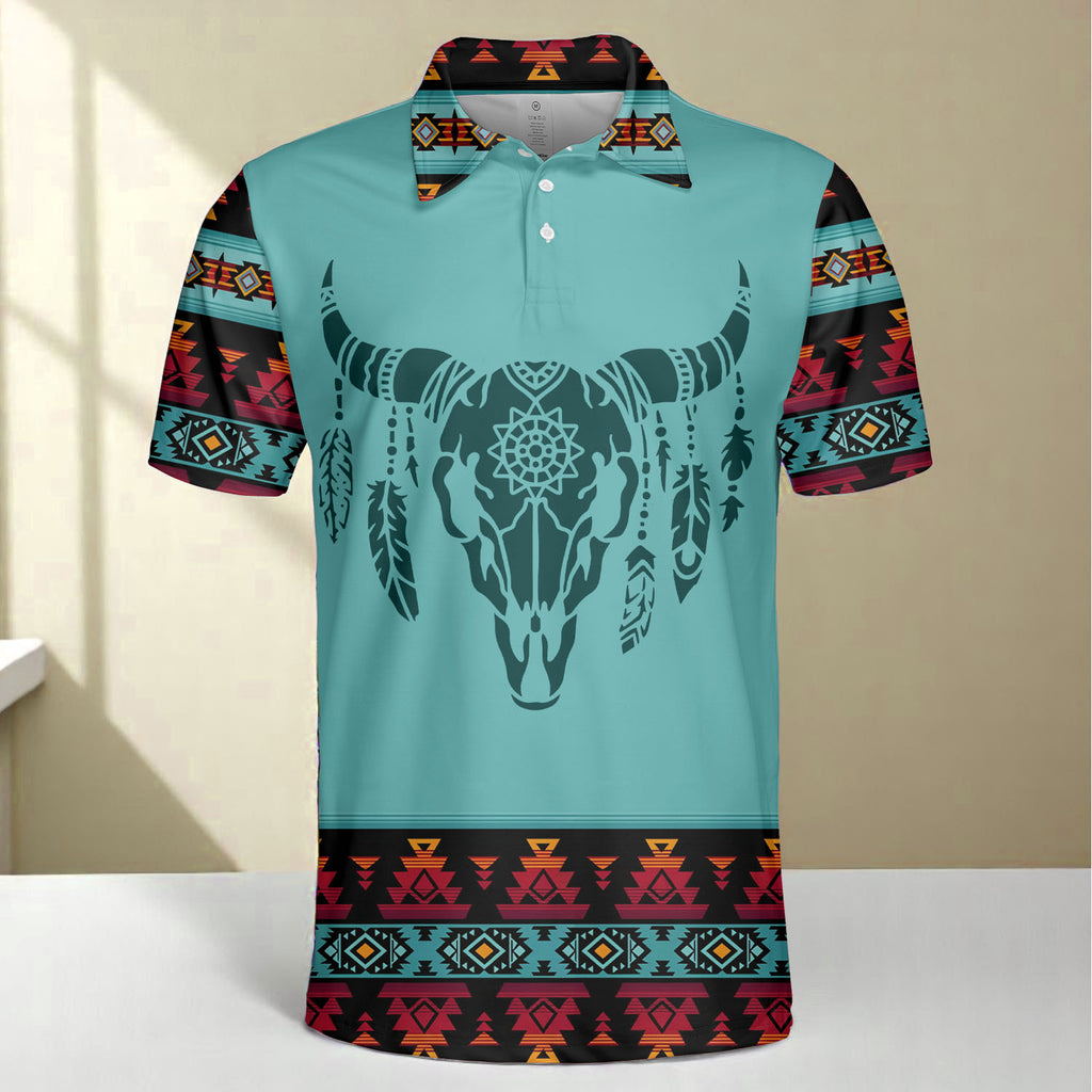 HW250711M18 Bison Skull Native American Polo T-Shirt 3D