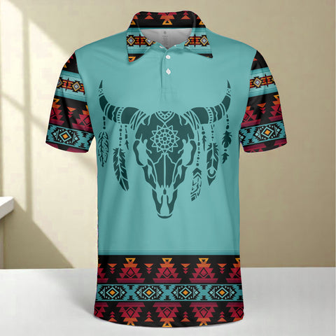 HW250711M18 Bison Skull Native American Polo T-Shirt 3D