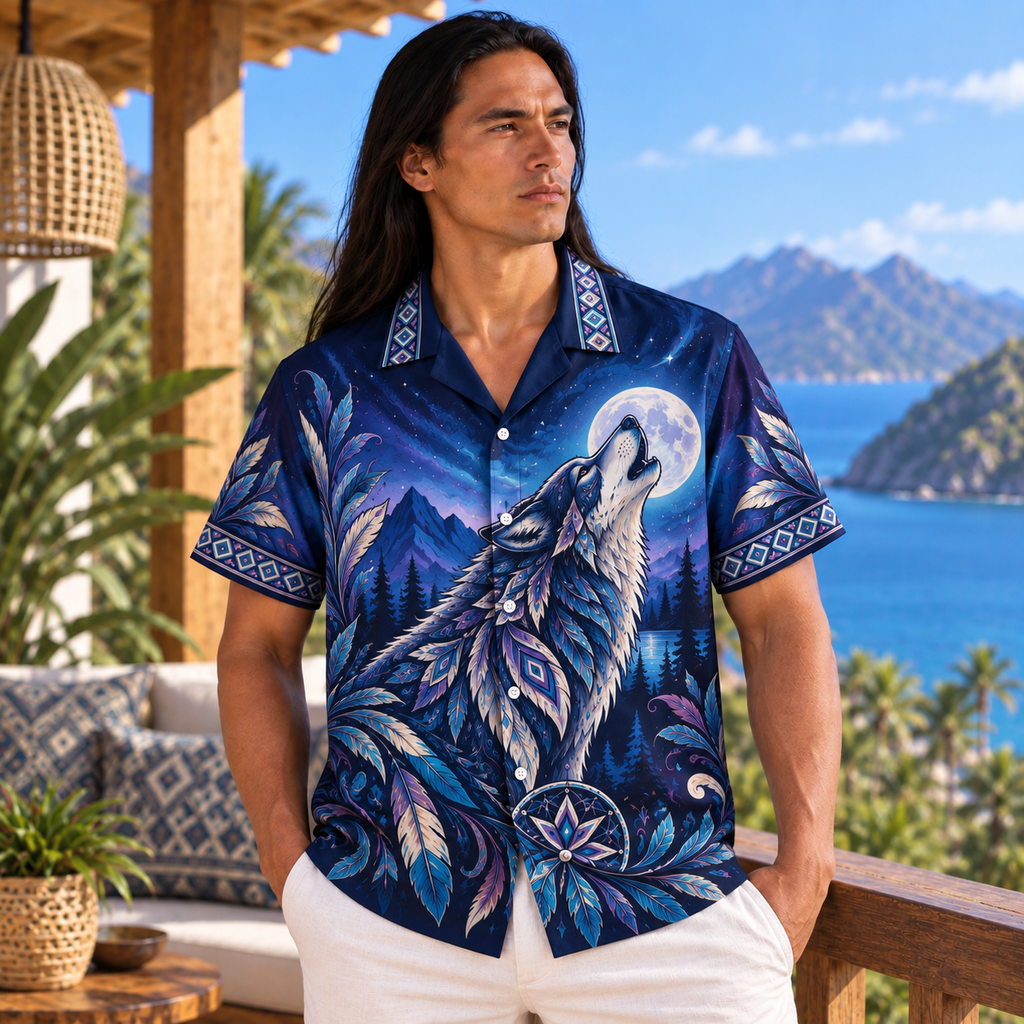 Howling Moon Native American-Inspired 3D Hawaiian Shirt HWm025