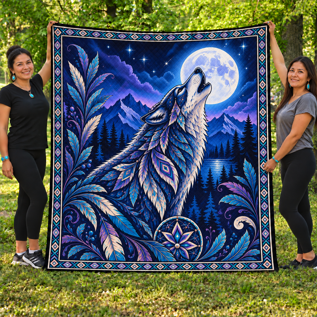 Howling Moon Wolf Native American-Inspired Quilt Qm017