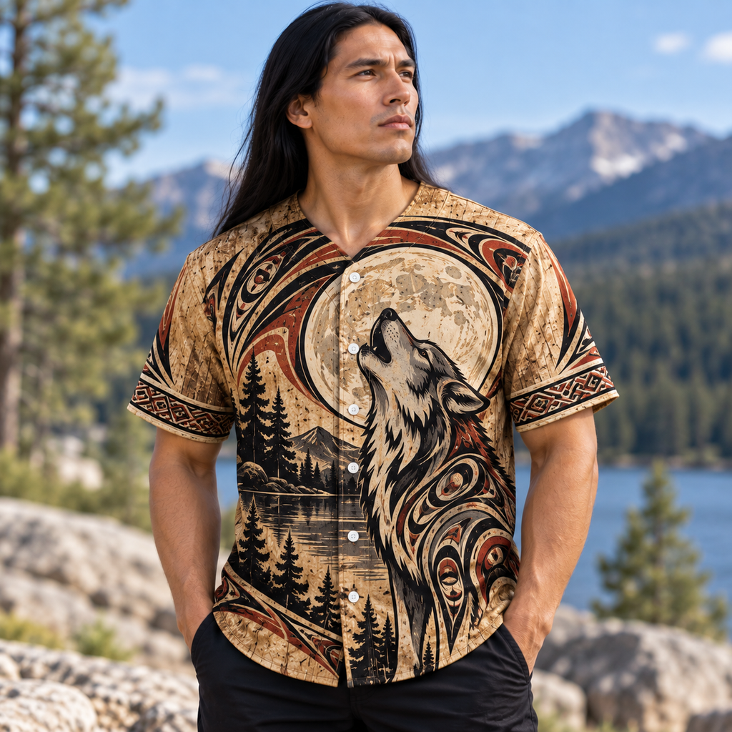 Howling Wolf Mountain Native American-Inspired Baseball Jersey BSm003