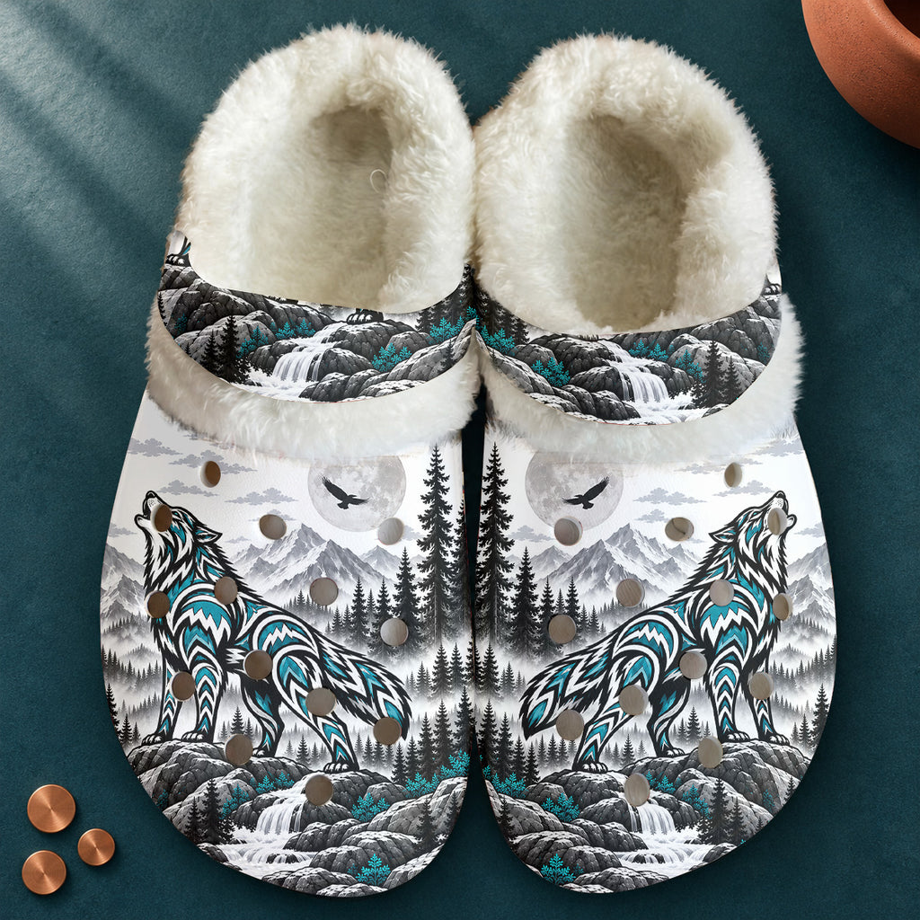 Howling Wolf Native American-Inspired Classic Clogs with Fleece Shoes BSm036