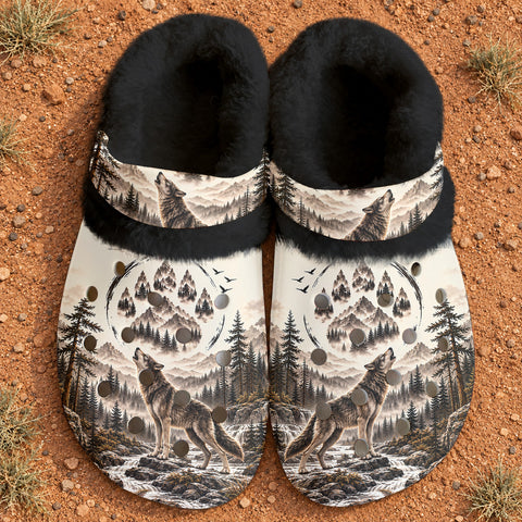 Howling Wolf Native American-Inspired Classic Clogs with Fleece Shoes BSm063