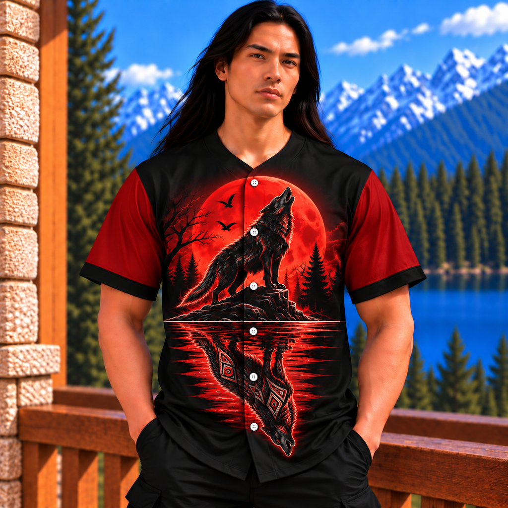 Howling Wolf Red Moon Native American-Inspired Baseball Jersey BSm031