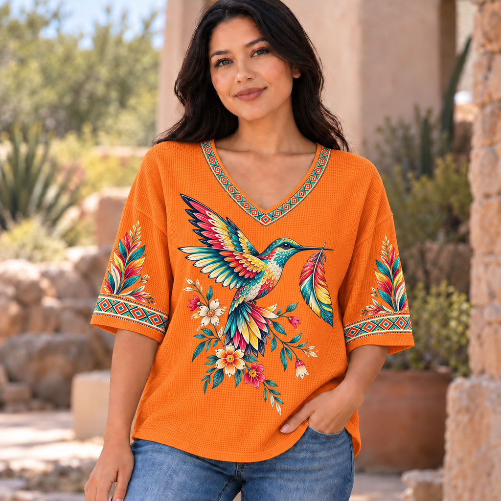 Hummingbird Feather Bloom Native American-Inspired Women's V-Neck 3-Quarter Sleeve Top WVS009