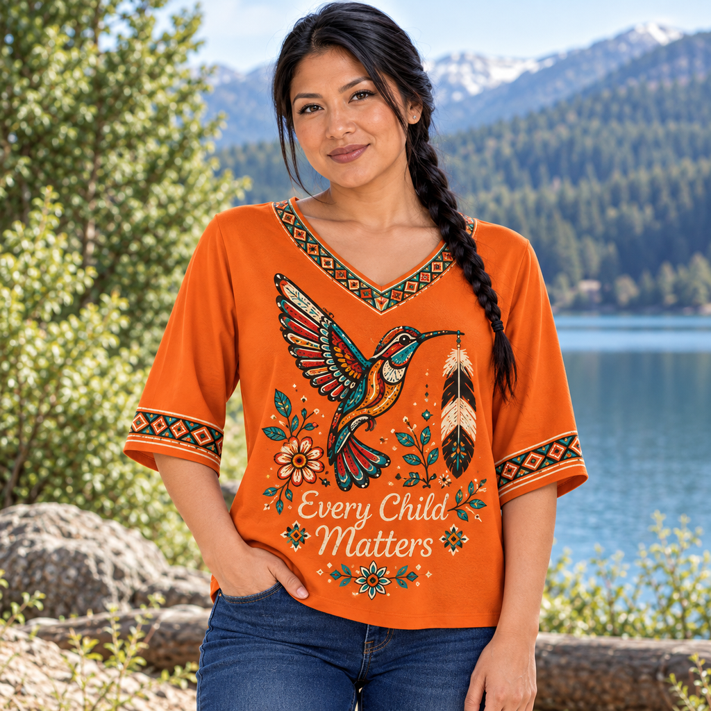 Hummingbird Feather Native American-Inspired Women's V-Neck 3-Quarter Sleeve Top WVS024