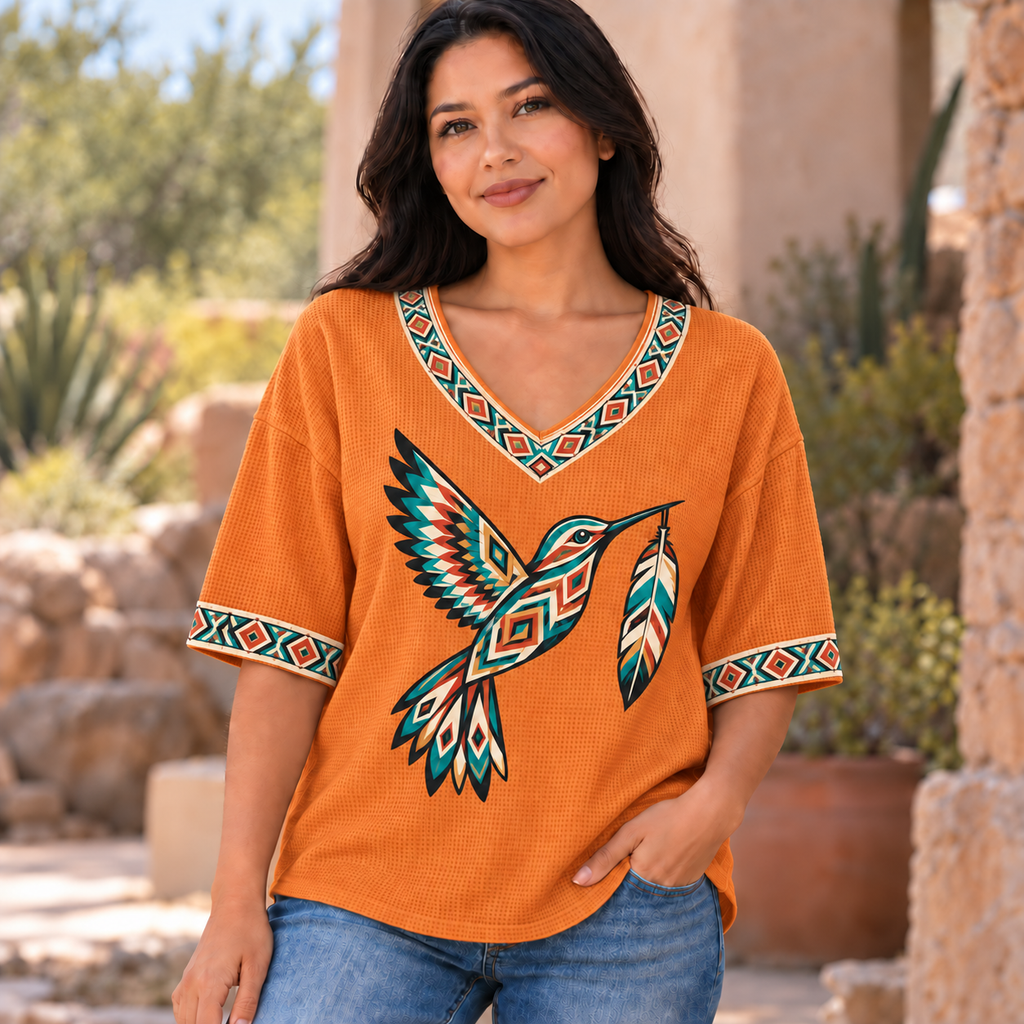 Hummingbird Feather Spirit Native American-Inspired Women's V-Neck 3-Quarter Sleeve Top WVS003