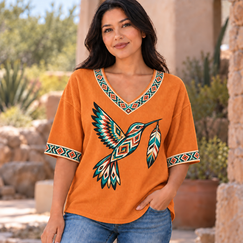 Hummingbird Feather Spirit Native American-Inspired Women's V-Neck 3-Quarter Sleeve Top WVS003