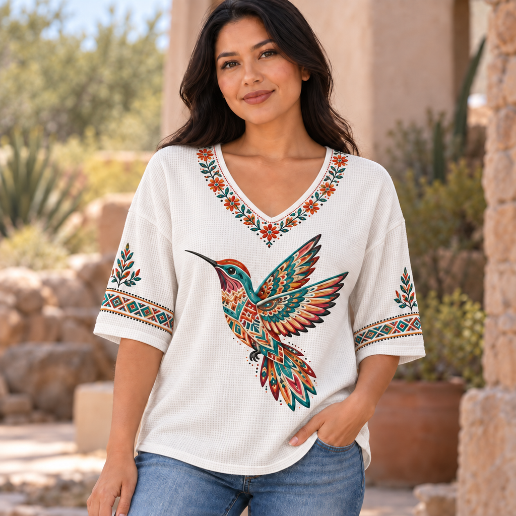 Hummingbird Floral Native American-Inspired Women's V-Neck 3-Quarter Sleeve Top WVS002