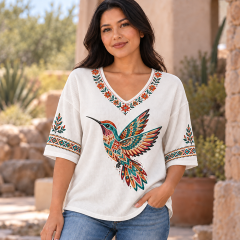 Hummingbird Floral Native American-Inspired Women's V-Neck 3-Quarter Sleeve Top WVS002