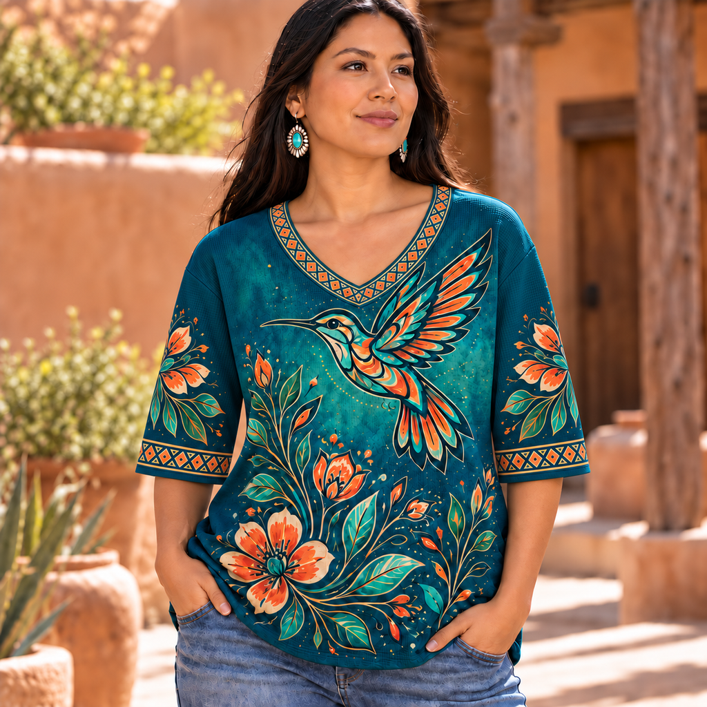 Hummingbird Floral Native American-Inspired Women's V-Neck 3-Quarter Sleeve Top WVS005