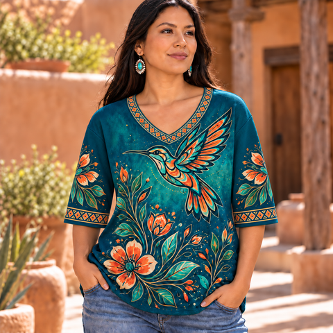 Hummingbird Floral Native American-Inspired Women's V-Neck 3-Quarter Sleeve Top WVS005
