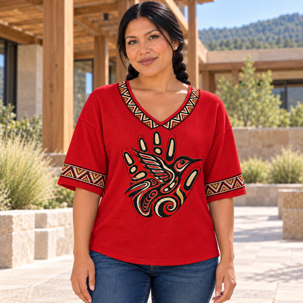 Hummingbird Hand Harmony Native American-Inspired Women's V-Neck 3-Quarter Sleeve Top WVS011