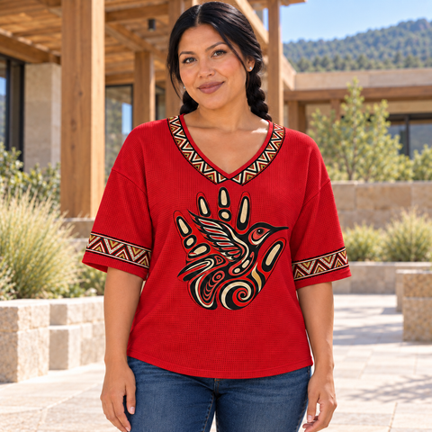 Hummingbird Hand Harmony Native American-Inspired Women's V-Neck 3-Quarter Sleeve Top WVS011