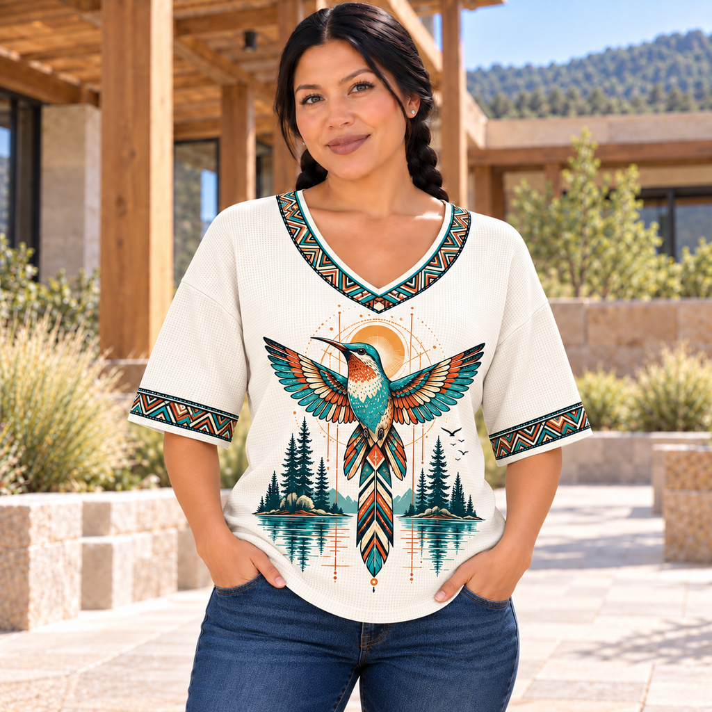 Hummingbird Lake Reflection Native American-Inspired Women's V-Neck 3-Quarter Sleeve Top WVS013
