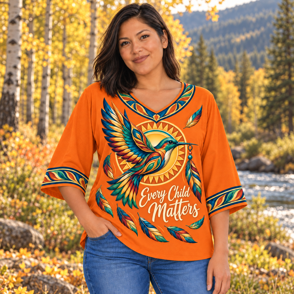 Hummingbird and Sun Native American-Inspired Women's V-Neck 3-Quarter Sleeve Top WVS032
