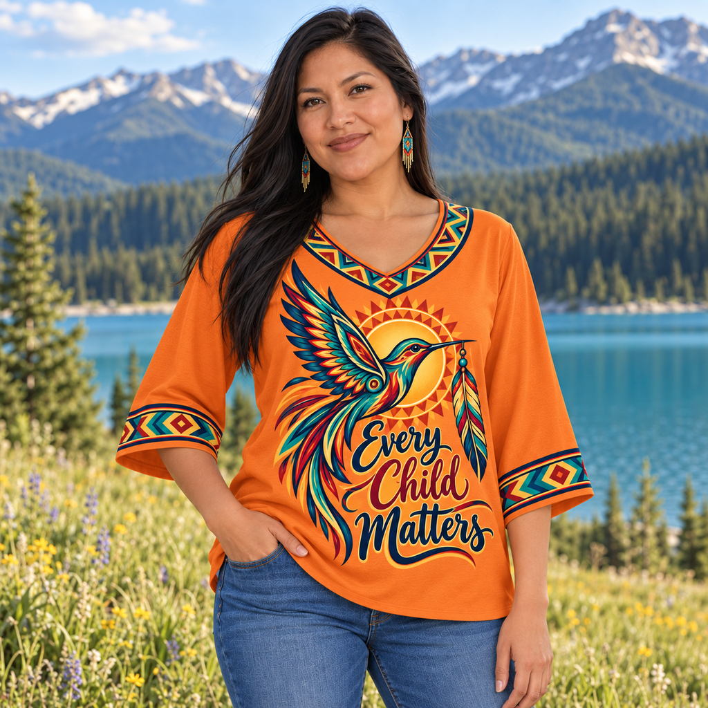 Hummingbird of Hope Native American-Inspired Women's V-Neck 3-Quarter Sleeve Top WVS031