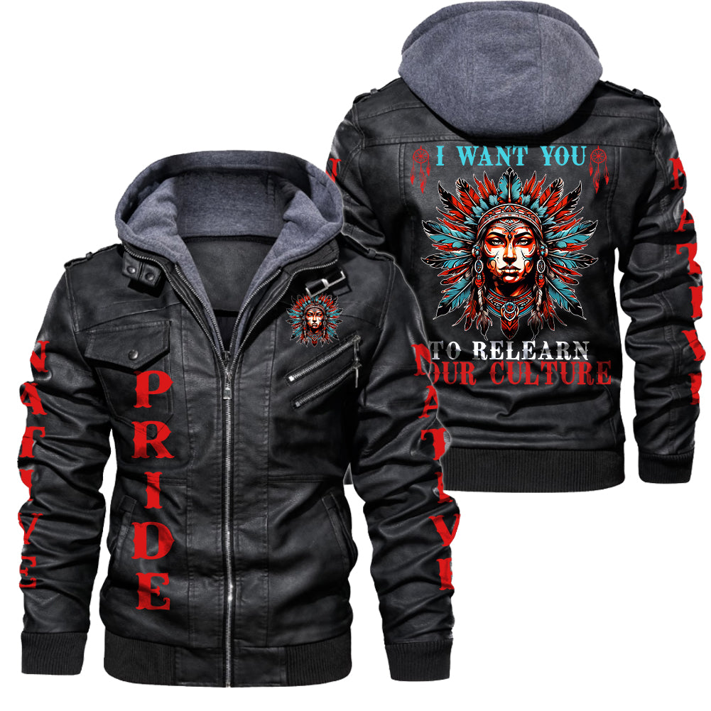 I Want You To Relearn Your Culture V2 2D Zip Leather Jacket with Hood - NAT240726-M002