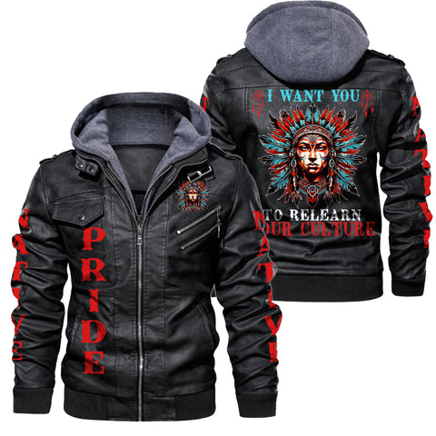 I Want You To Relearn Your Culture V2 2D Zip Leather Jacket with Hood - NAT240726-M002