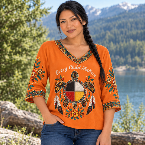 Indigenous Turtle Native American-Inspired Women's V-Neck 3-Quarter Sleeve Top WVS023