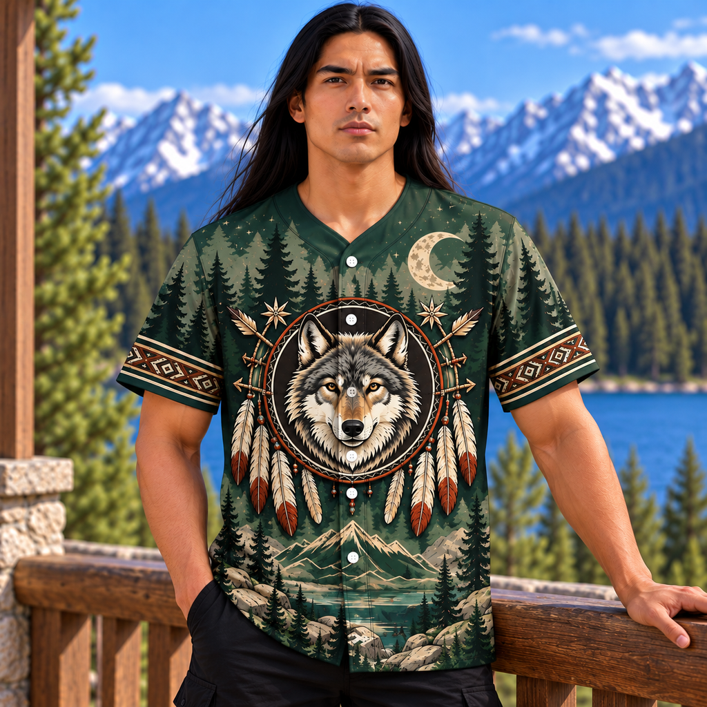 Indigenous Wolf Dreamcatcher Native American-Inspired Baseball Jersey BSm015