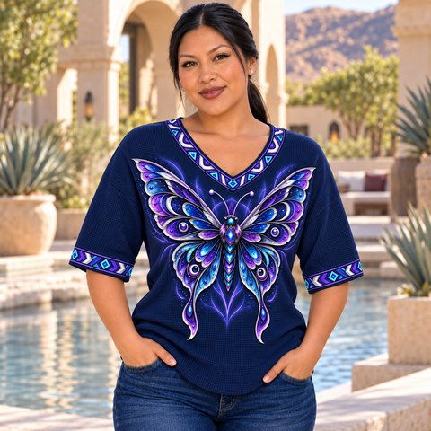 Iridescent Midnight Moth Native American-Inspired Women's V-Neck 3-Quarter Sleeve Top WVS019