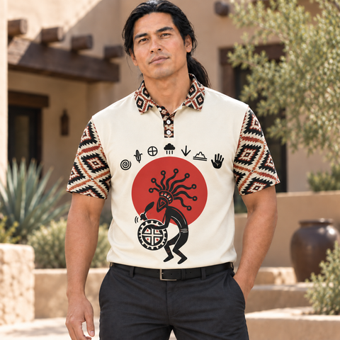 Kokopelli Drummer Red Moon Art Native American-Inspired Polo T-Shirt 3D PLm013