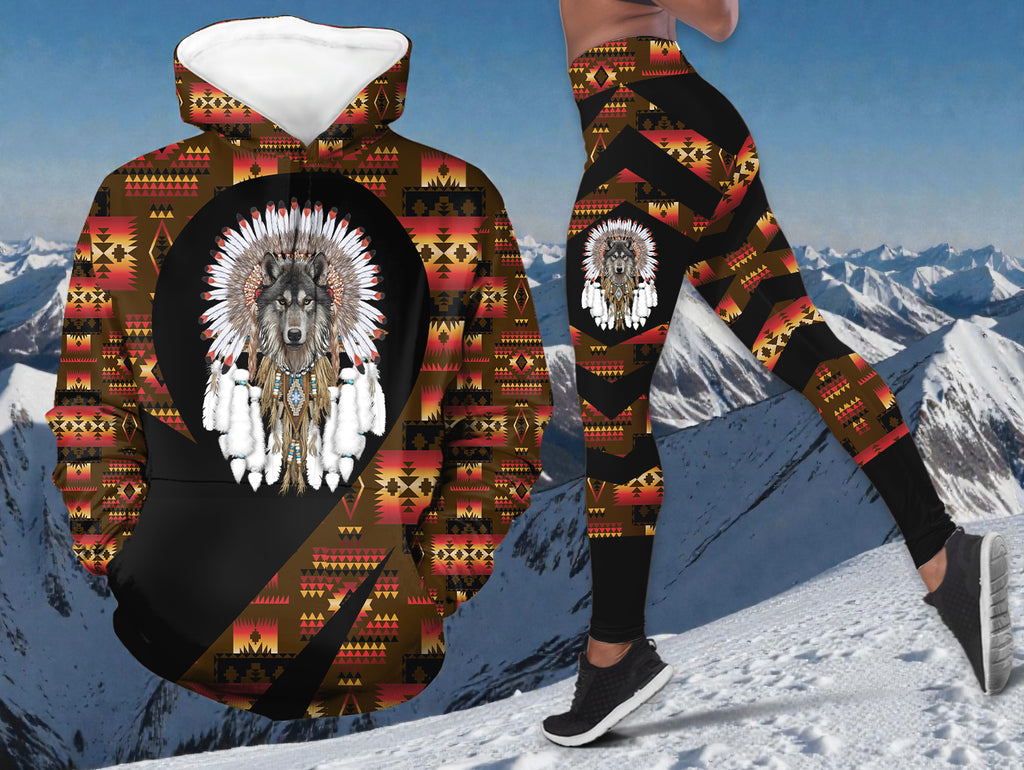 LB00237 Wolf Chief Native American Hoodie Leggings Set