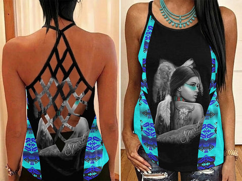 LB00296 Woman Spirit Native American Criss-Cross Open Back Tank Top