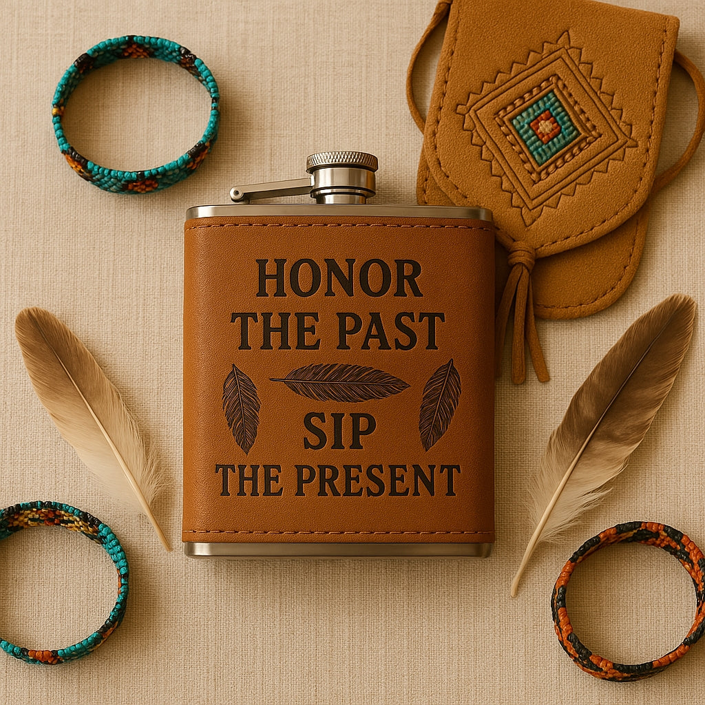 LF250411M01 Native American Leather Hip Flask Gift Box