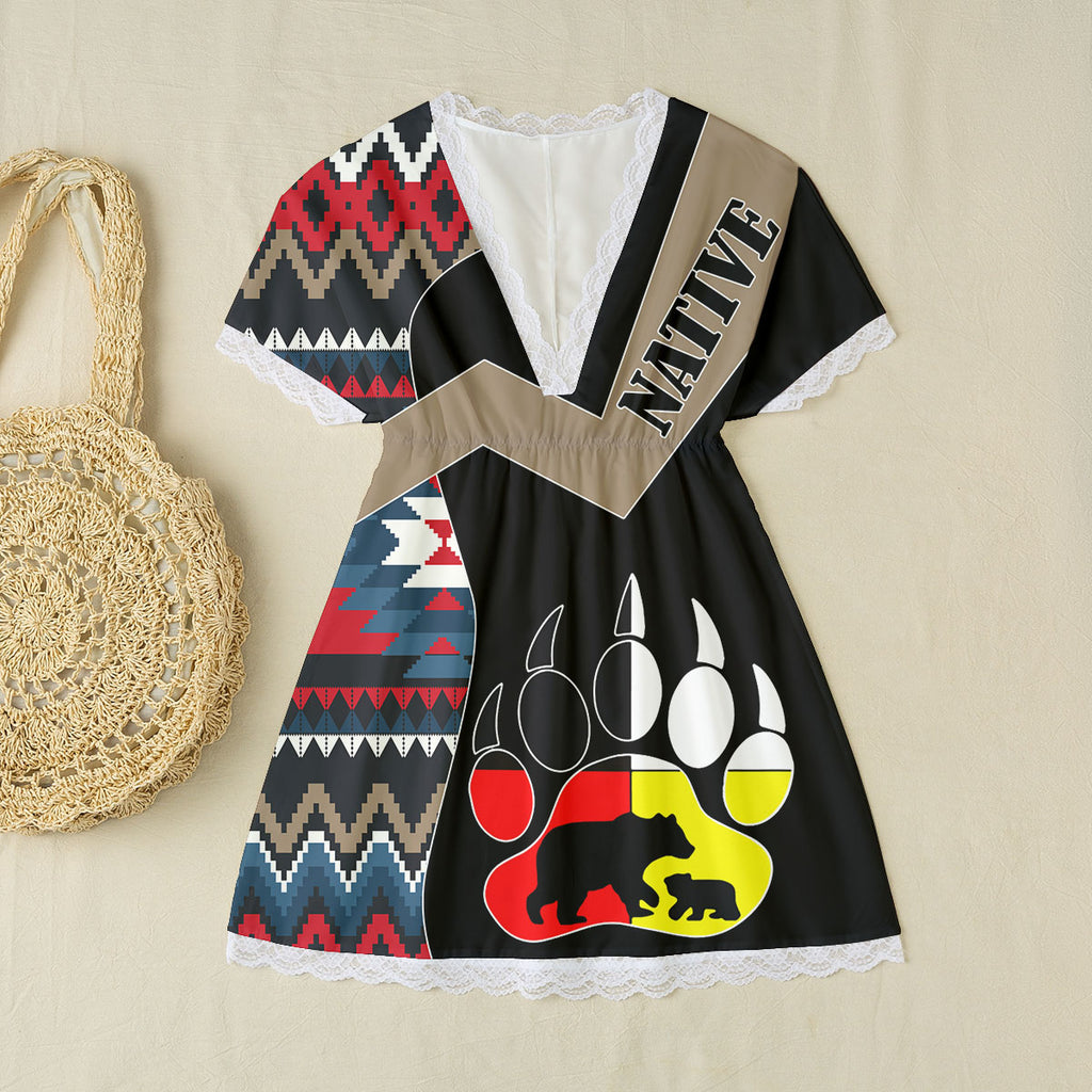 LS250325M03 Native American Women Lace Edge Sleepwear With Bat Sleeve