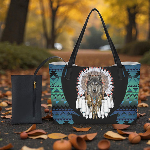 LT250311M06 Wolf Chief Native American Shopping Tote Bag With Black Mini Purse