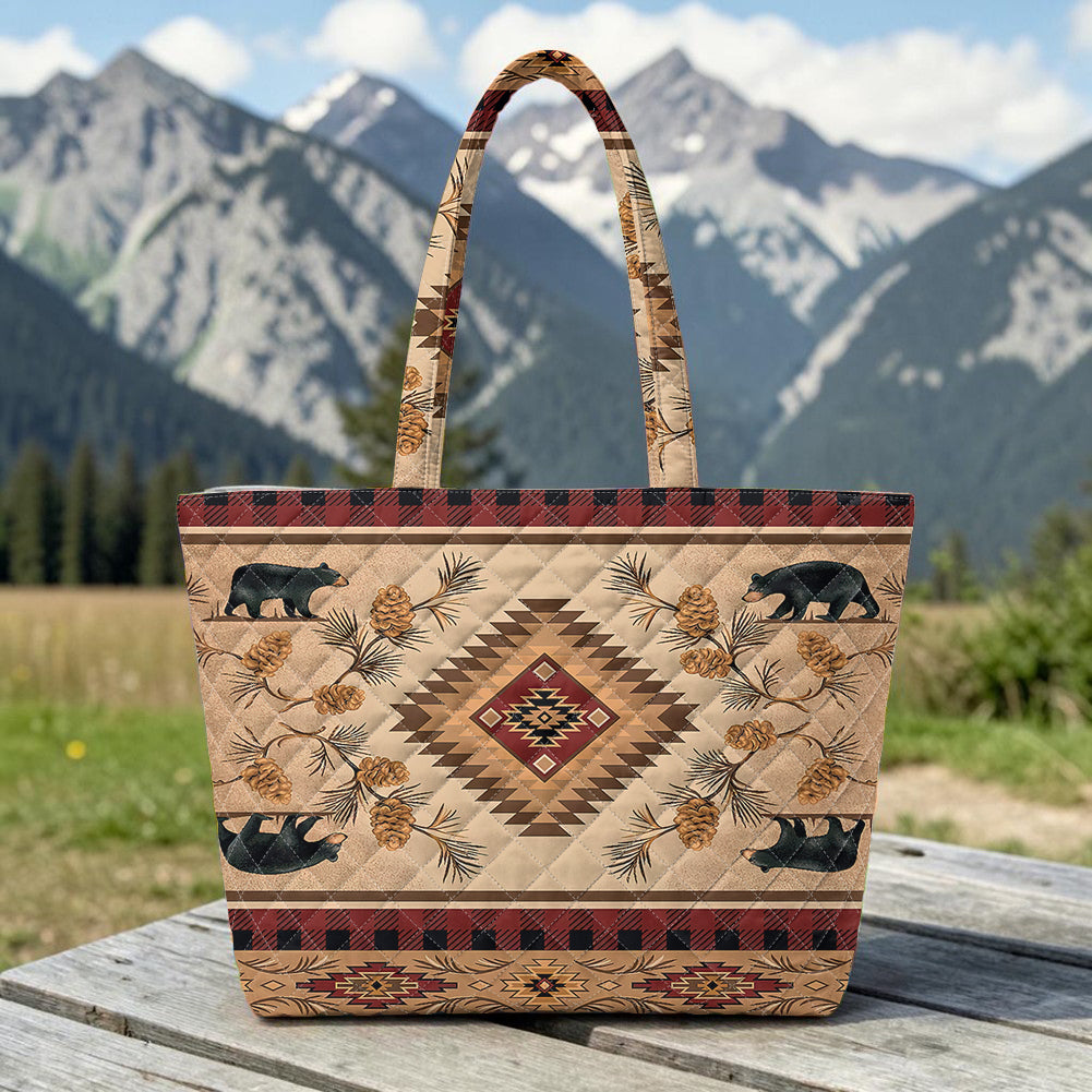 LVR0057 Bear Native American Quilted Shoulder Tote Bag