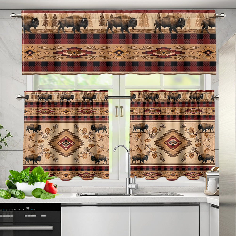 LVR0057v4 Bison Native American Curtain Valance and Kitchen Tiers Set