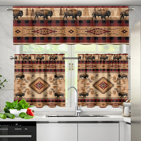 LVR0057v4 Bison Native American Curtain Valance and Kitchen Tiers Set